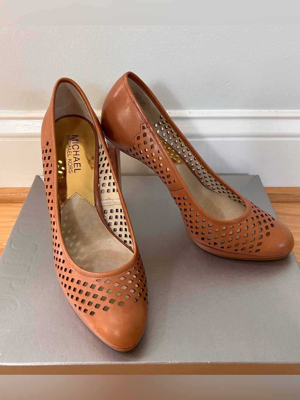 Michael Kors Cognac Diamond Perforated Leather Pumps with Gold Accents